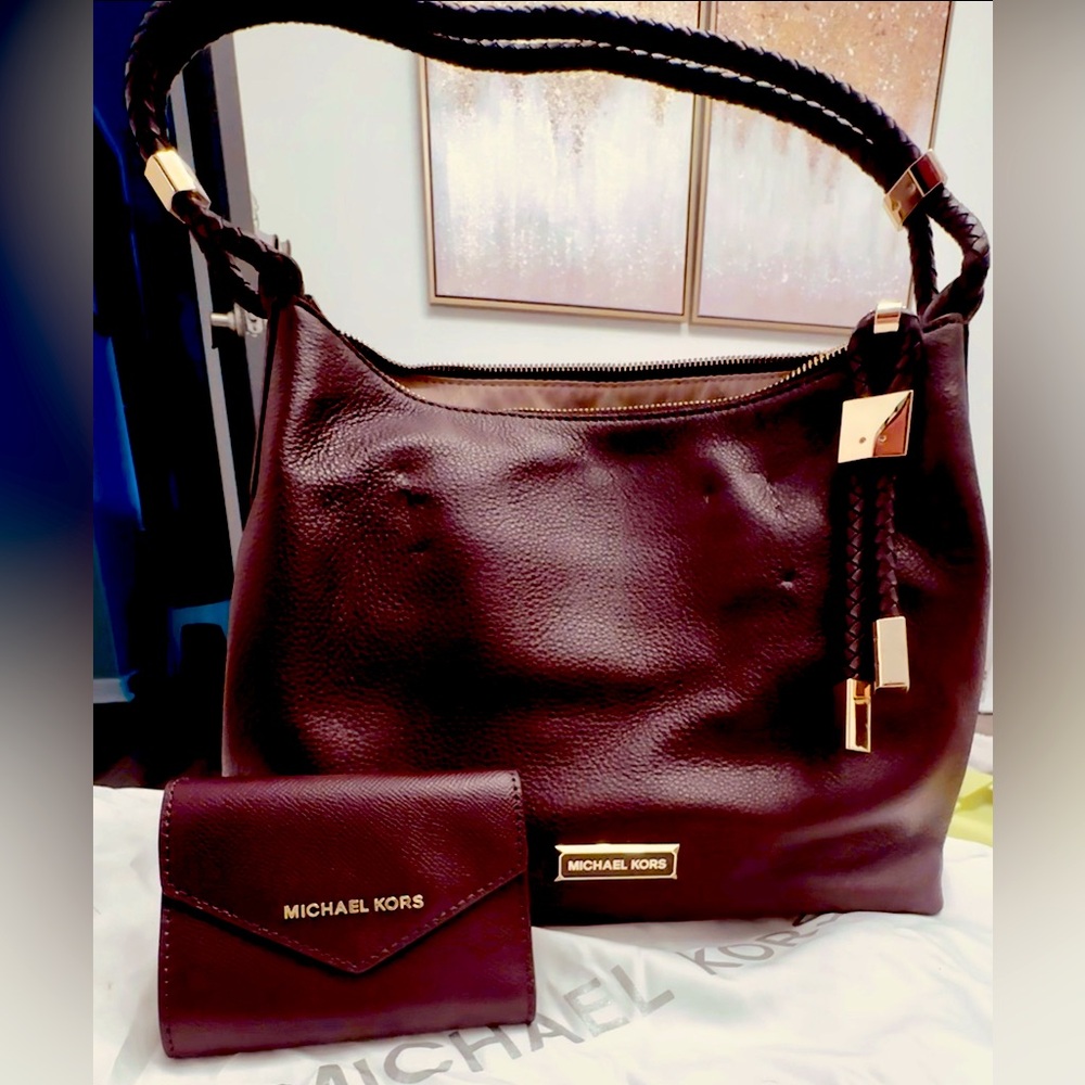 Michael Kors Lexington Medium Wine Pebble Leather Shoulder Bag & Matching Wallet